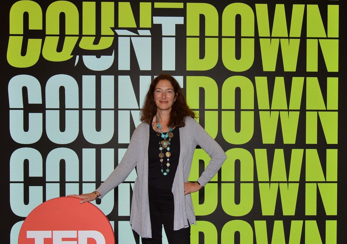 SEaB Energy CEO, Sandra Sassow, posing for a photo in front of a bold black backdrop which reads TED COUNTDOWN in large white and yellow lettering