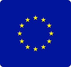 Flag of the European Union with 12 yellow stars arranged in a circle on a blue background.
