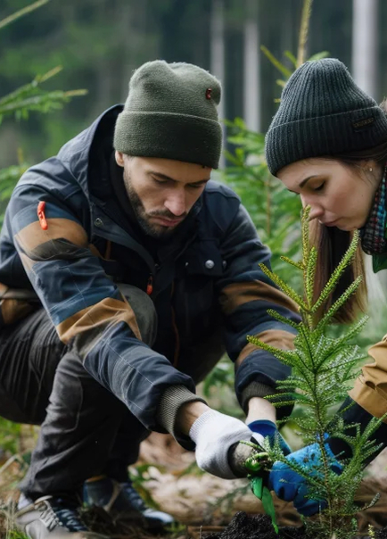 Two people wearing hats, coats and gloves working together in planting a tree, representing sustainability.