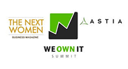 Logos for The Next Women Business Magazine, Astia, and the We Own It Summit.