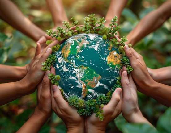 A globe with hands all around it and greenery growing out of it, representing sustainability.