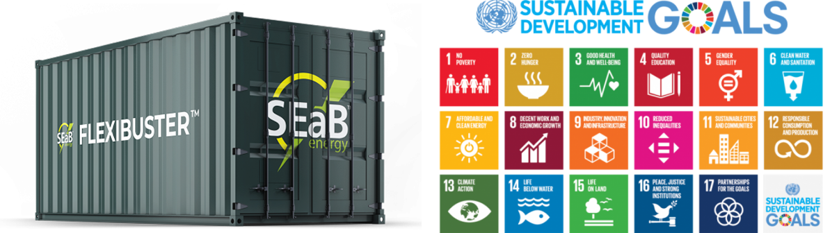 SEaB Energy’s Flexibuster™ unit housed in a green shipping container, shown alongside the full set of 17 UN Sustainable Development Goals icons and the Sustainable Development Goals logo.