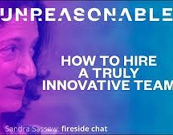 Promotional graphic for an Unreasonable event with a woman’s face on the left and the text ‘How to Hire a Truly Innovative Team’, representing SEaB Energy's team.