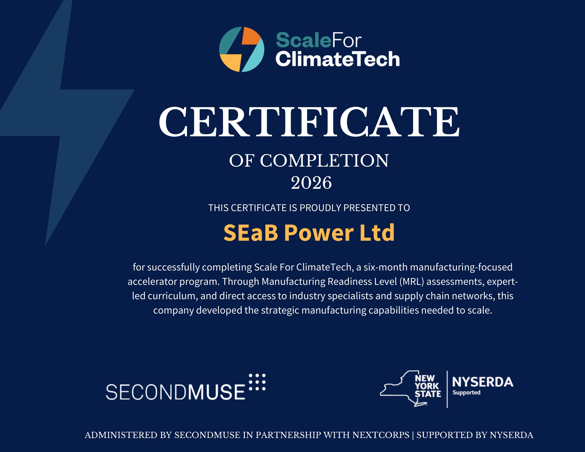 SEaB Energy's official Scale For ClimateTech Cohort 7 graduation certificate, presented by SecondMuse and NYSERDA