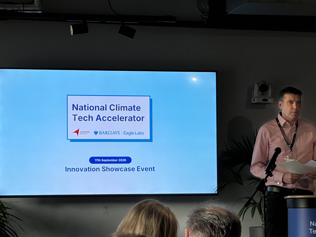 SEaB Energy presenting at the podium at the National Climate Tech Accelerator Innovation Showcase Event